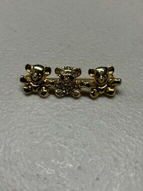 Three Gold Tone Teddy Bear Brooch With Rhinestone Eyes
